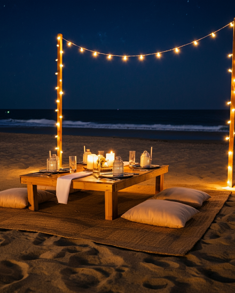 Beautiful romantic picnic setup on a beach at night with a low wooden table, cushions, candles, and fairy lights for an anniversary date event.